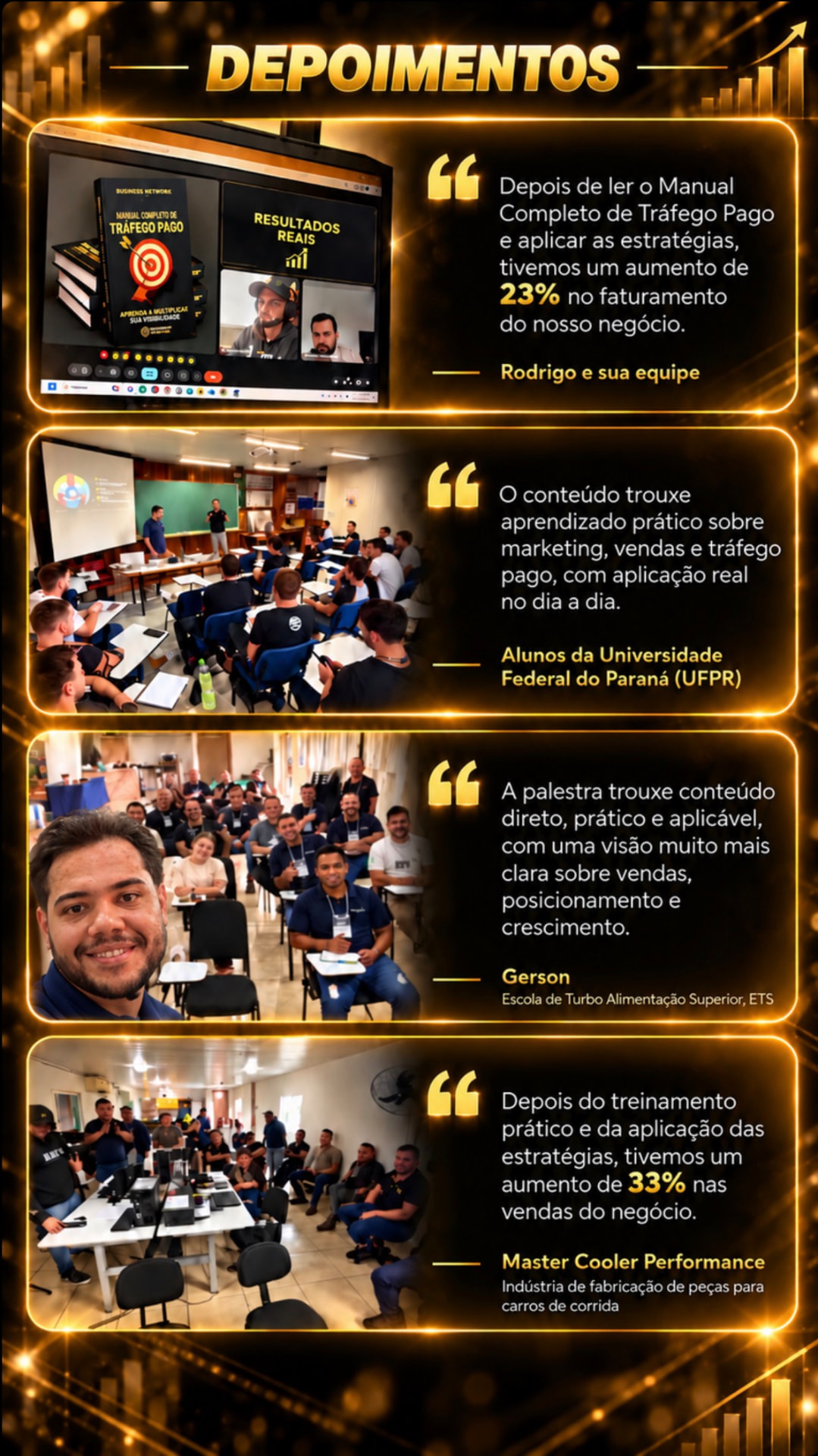Depoimentos de profissionais, alunos e equipes sobre resultados após aplicar o conteúdo